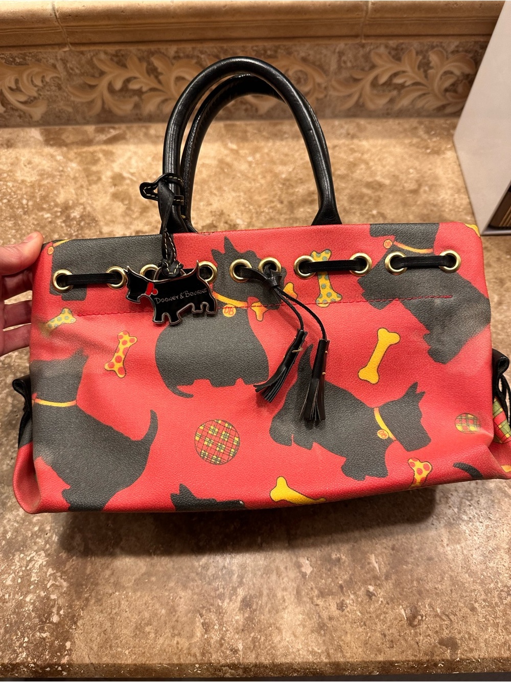 Dooney & Bourke Red Satchel with Black Scottie Dog Motif